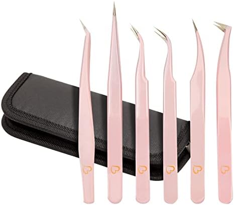 6-Piece Precision Tweezer Set for Eyelash Extensions with Storage Case (Light Pink)