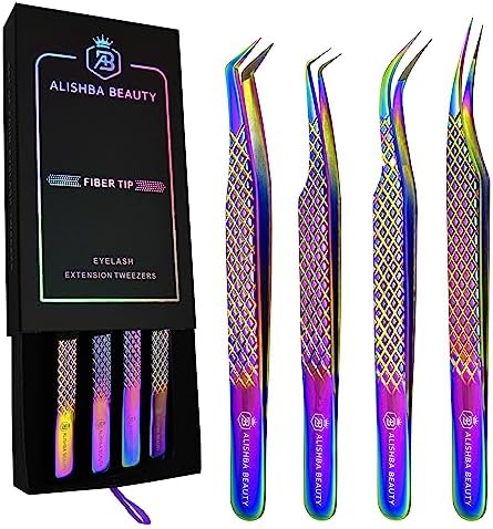 Alishba Beauty Eyelash Extension Tweezers, Precision Fiber Tip Grip Japanese Stainless Steel (Set of 4 Eyelash Tweezer) (RAINBOW AB-101)