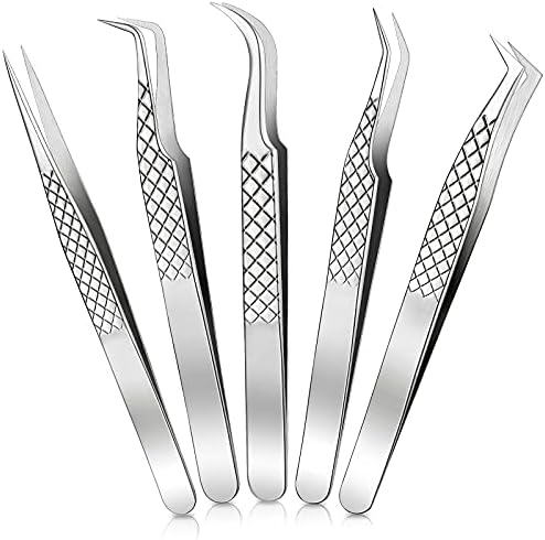 5 Pieces Eyelash Extension Tweezers Set Straight and Curved Tip False Lash Tweezers Eyelash Volume Tweezers Stainless Steel Precision Tweezers for Eyelash Extension (Silver)
